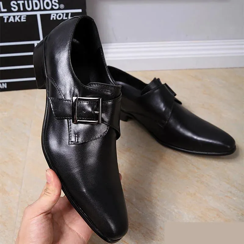 Pointed Toe Leather Dress Shoes with Buckle Detail for Men