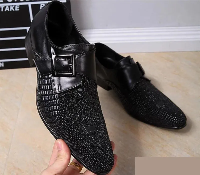 Pointed Toe Leather Dress Shoes with Buckle Detail for Men