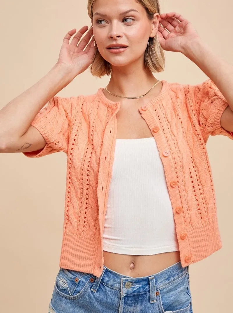 Puff Sleeve Cardigan in Apricot - Cable Knit