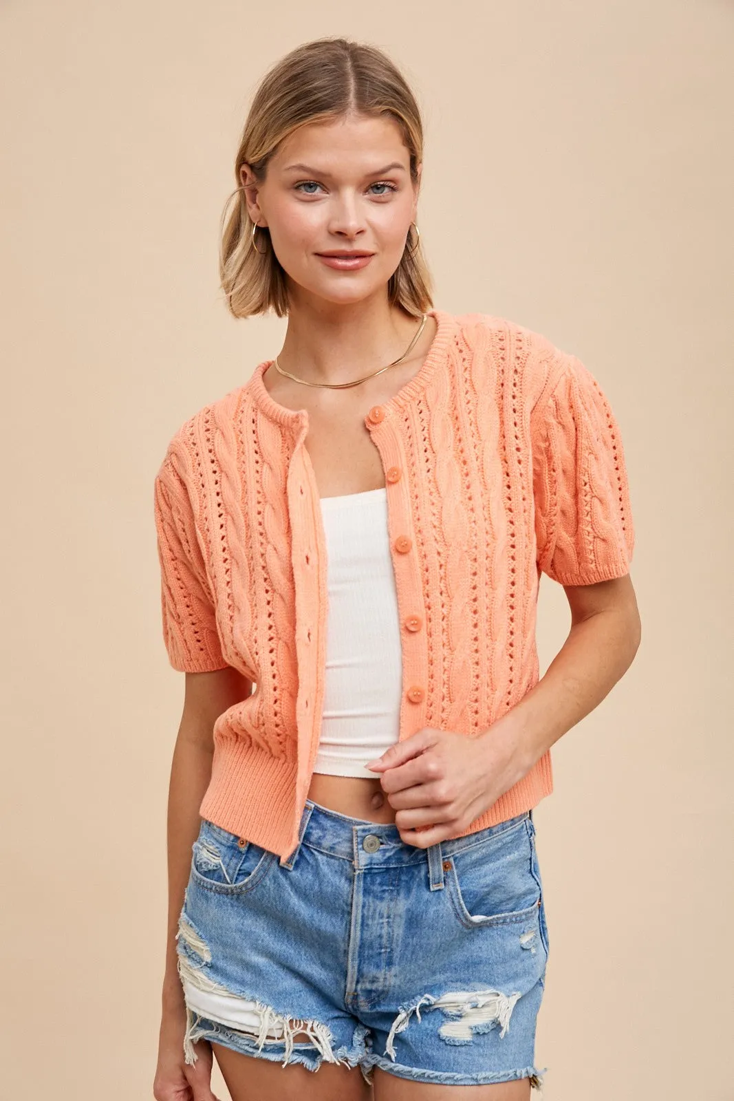 Puff Sleeve Cardigan in Apricot - Cable Knit