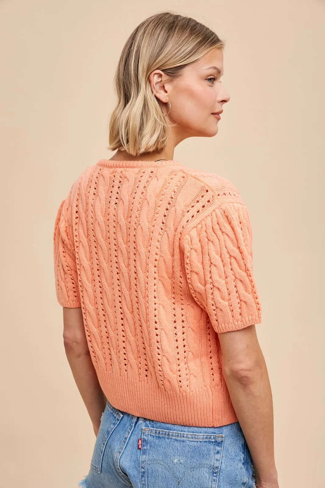 Puff Sleeve Cardigan in Apricot - Cable Knit