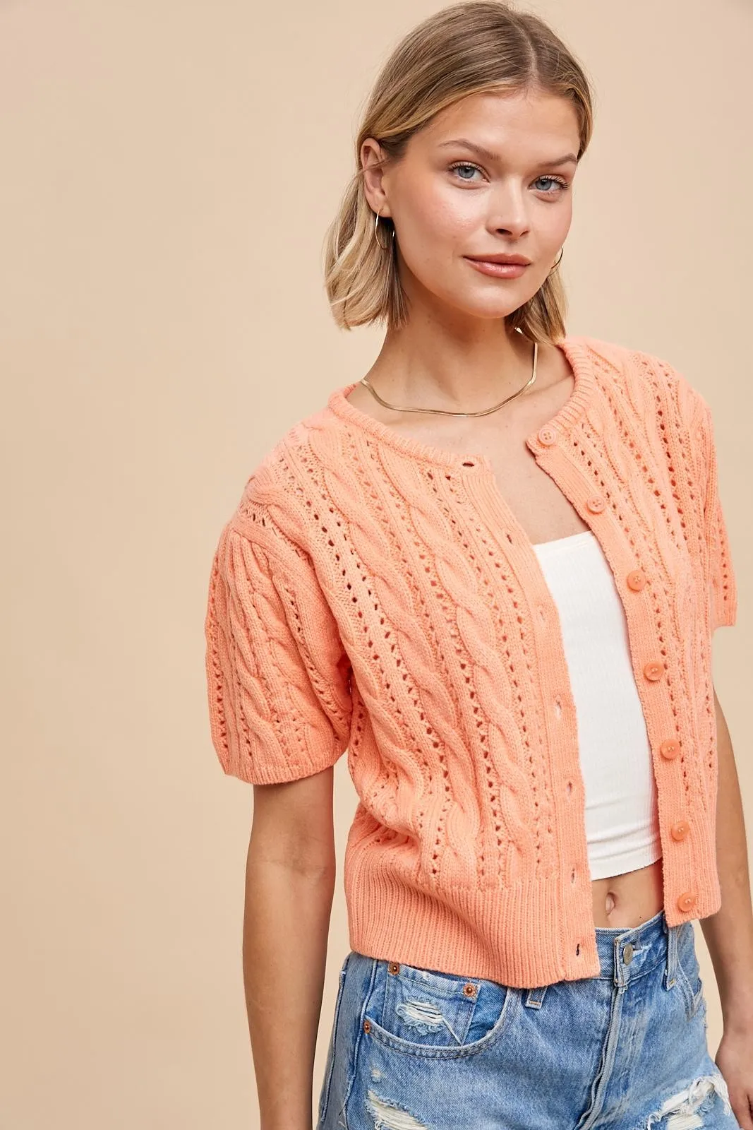 Puff Sleeve Cardigan in Apricot - Cable Knit