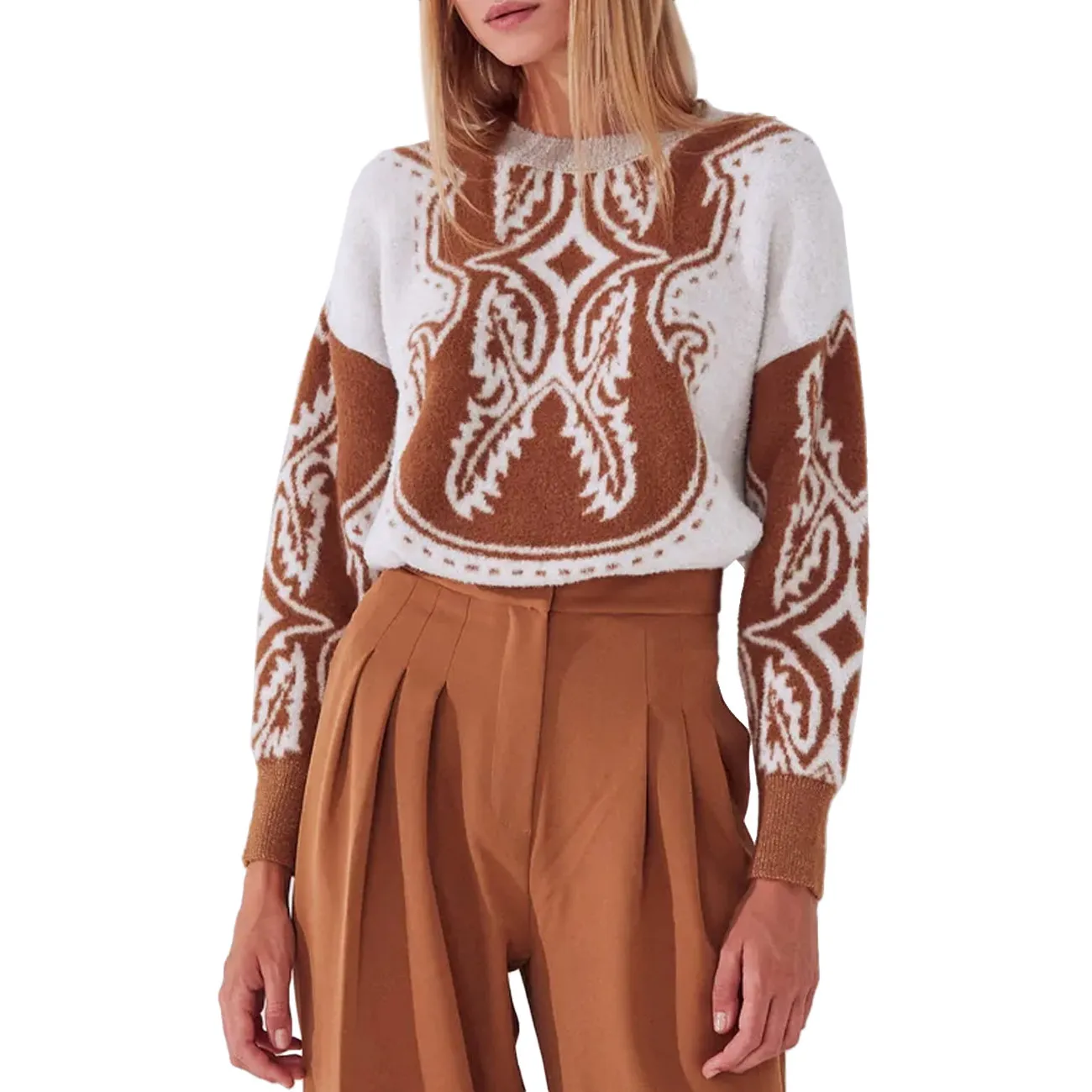 Pullover Jacquard Lurex Ivory Camel Women's Sweater