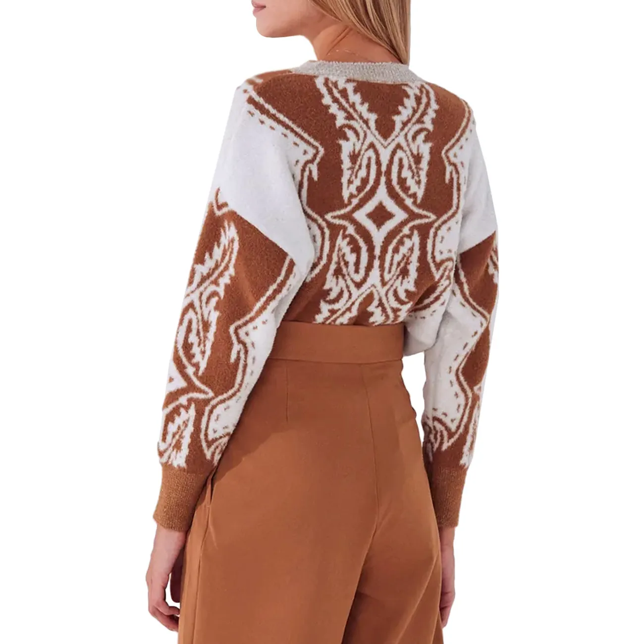 Pullover Jacquard Lurex Ivory Camel Women's Sweater