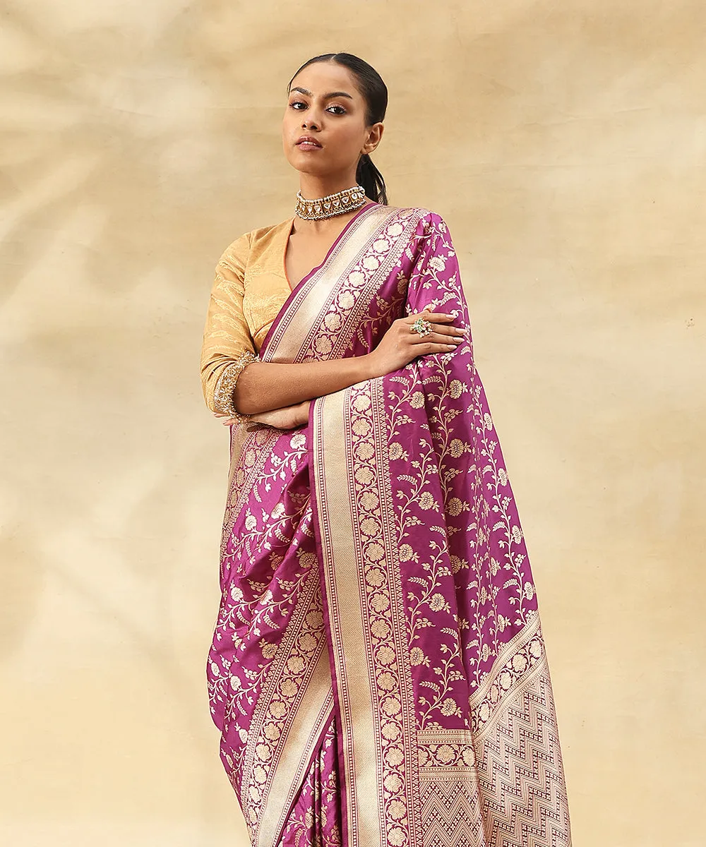 Purple Handloom Pure Katan Silk Banarasi Saree With Zari Jaal And Flowers