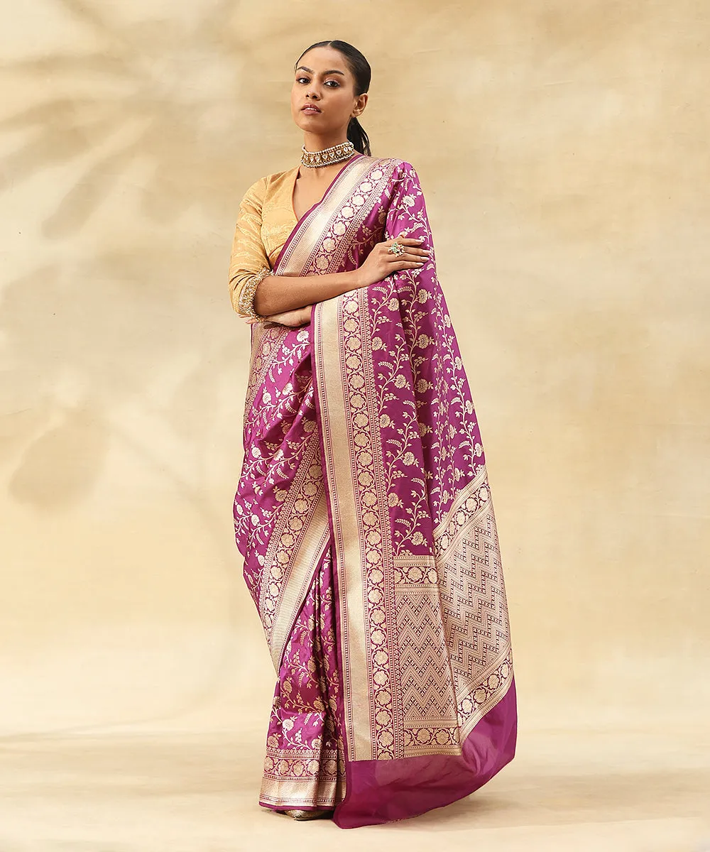 Purple Handloom Pure Katan Silk Banarasi Saree With Zari Jaal And Flowers