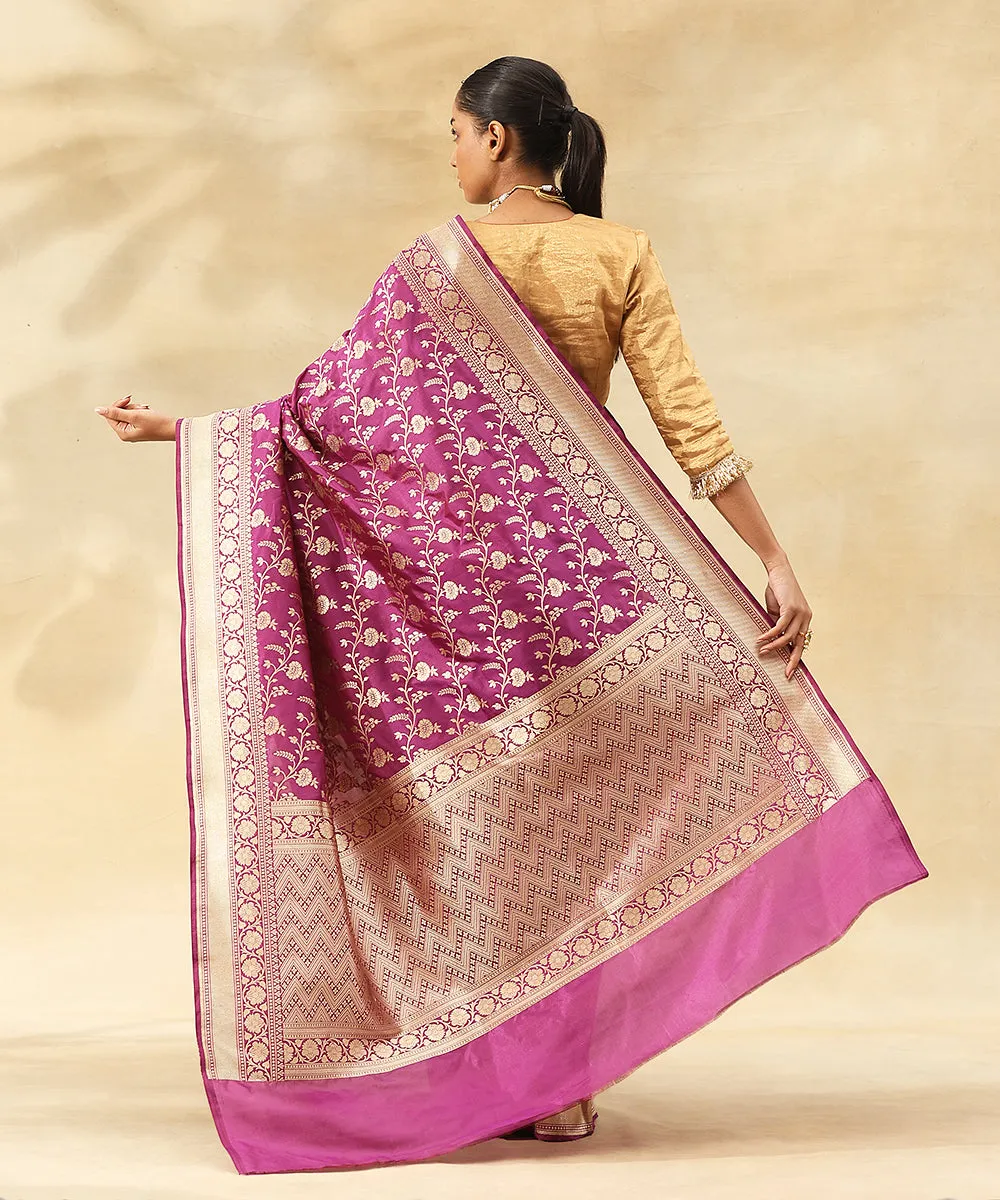 Purple Handloom Pure Katan Silk Banarasi Saree With Zari Jaal And Flowers