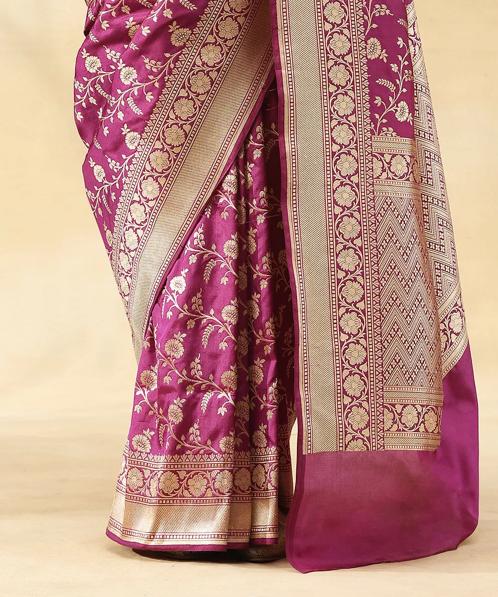 Purple Handloom Pure Katan Silk Banarasi Saree With Zari Jaal And Flowers