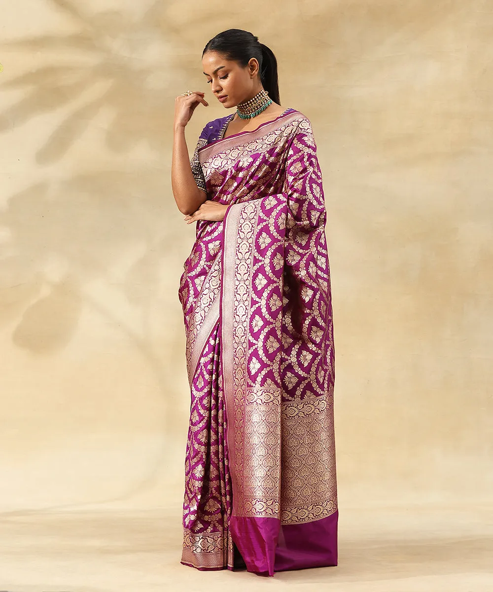 Purple Pure Katan Silk Handloom Banarasi Saree With All Over Zari Jaal In Cutwork Weave