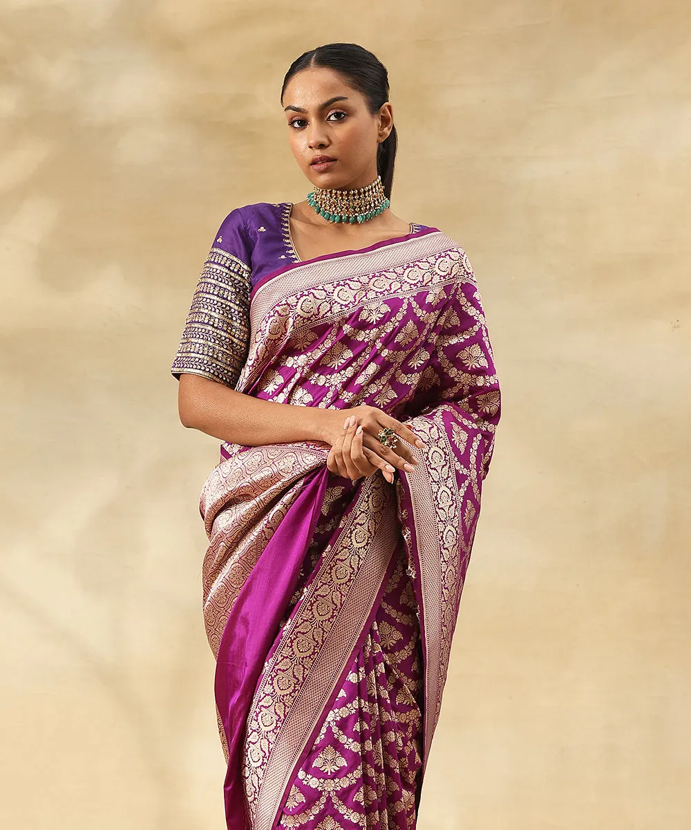 Purple Pure Katan Silk Handloom Banarasi Saree With All Over Zari Jaal In Cutwork Weave