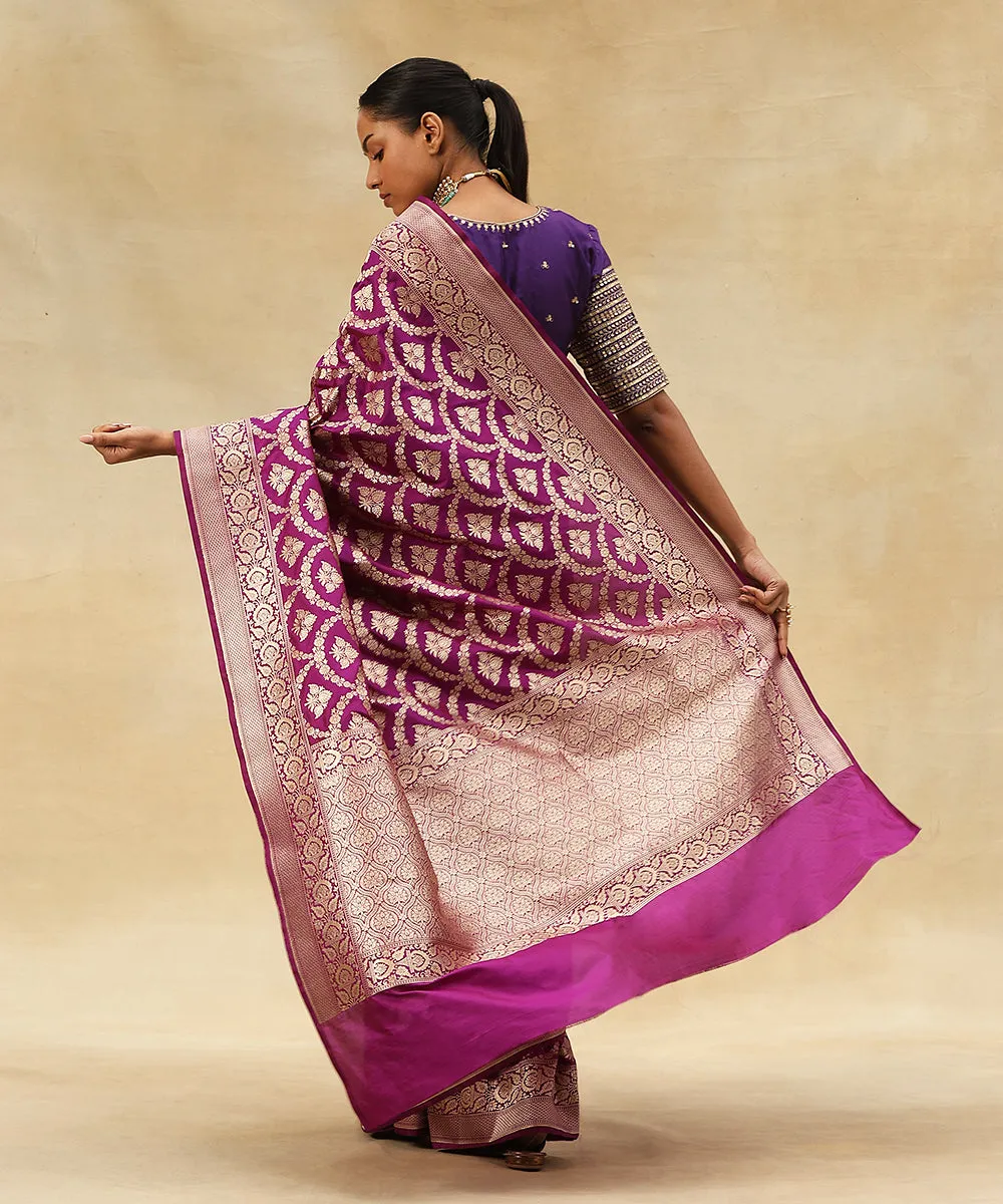 Purple Pure Katan Silk Handloom Banarasi Saree With All Over Zari Jaal In Cutwork Weave