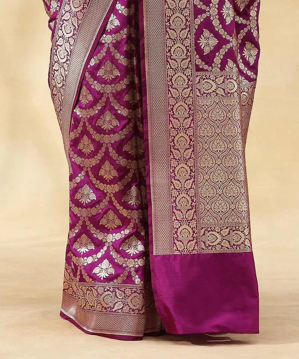 Purple Pure Katan Silk Handloom Banarasi Saree With All Over Zari Jaal In Cutwork Weave