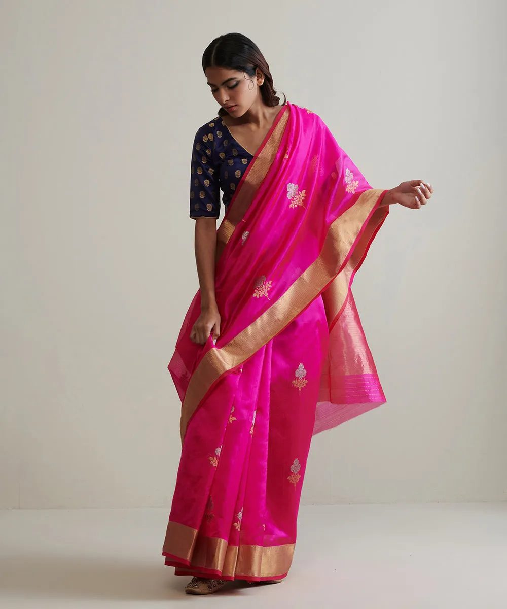 Rani Pink Handloom Pure Chanderi Silk Saree With Nakshi Border And Gulab Booti