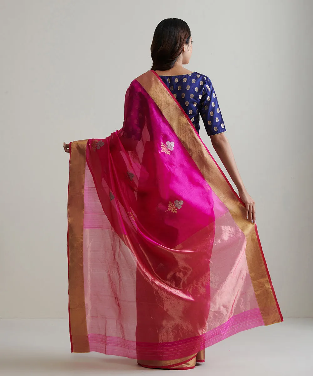 Rani Pink Handloom Pure Chanderi Silk Saree With Nakshi Border And Gulab Booti