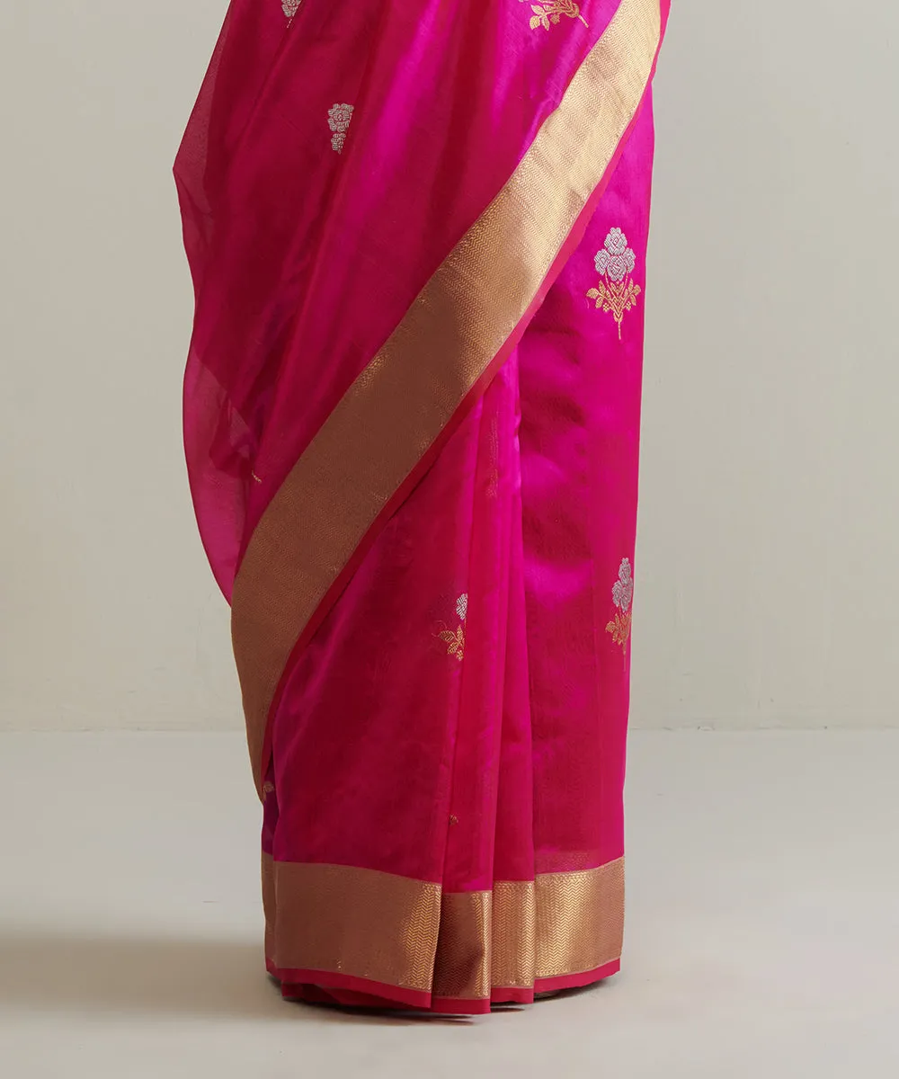 Rani Pink Handloom Pure Chanderi Silk Saree With Nakshi Border And Gulab Booti