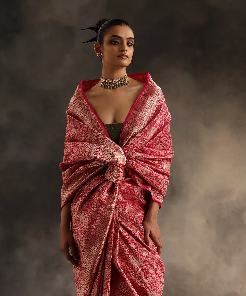 Rani Pink Handloom Pure Katan Silk Shikargah Banarasi Saree With Zari