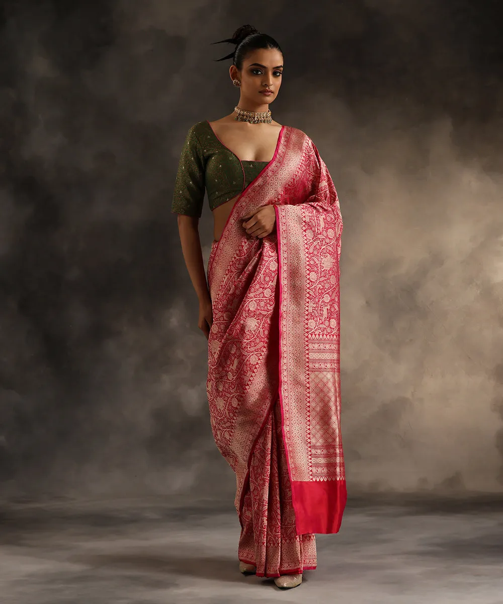 Rani Pink Handloom Pure Katan Silk Shikargah Banarasi Saree With Zari