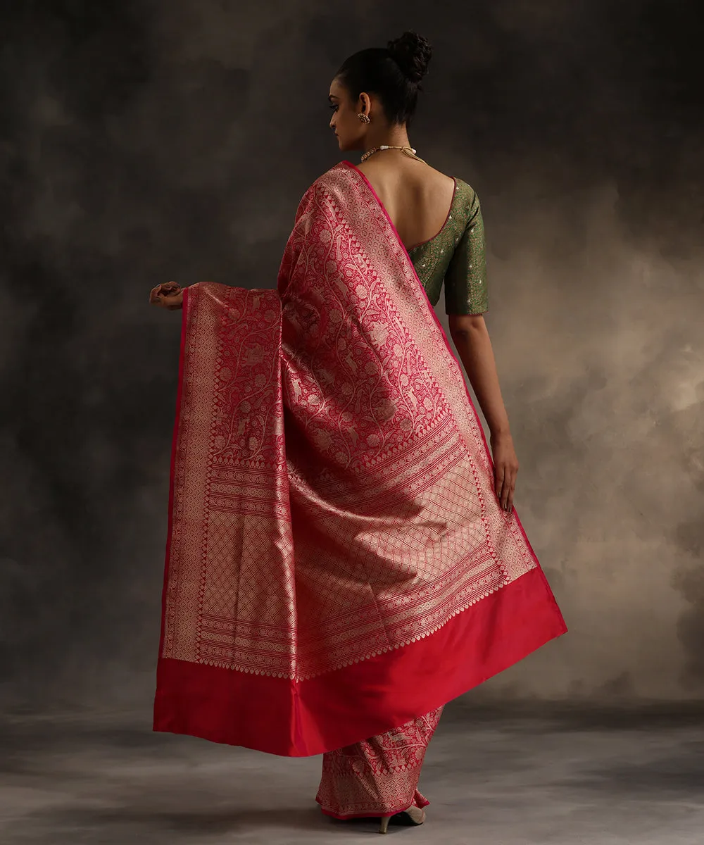 Rani Pink Handloom Pure Katan Silk Shikargah Banarasi Saree With Zari