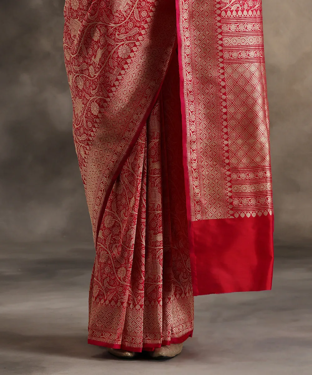 Rani Pink Handloom Pure Katan Silk Shikargah Banarasi Saree With Zari