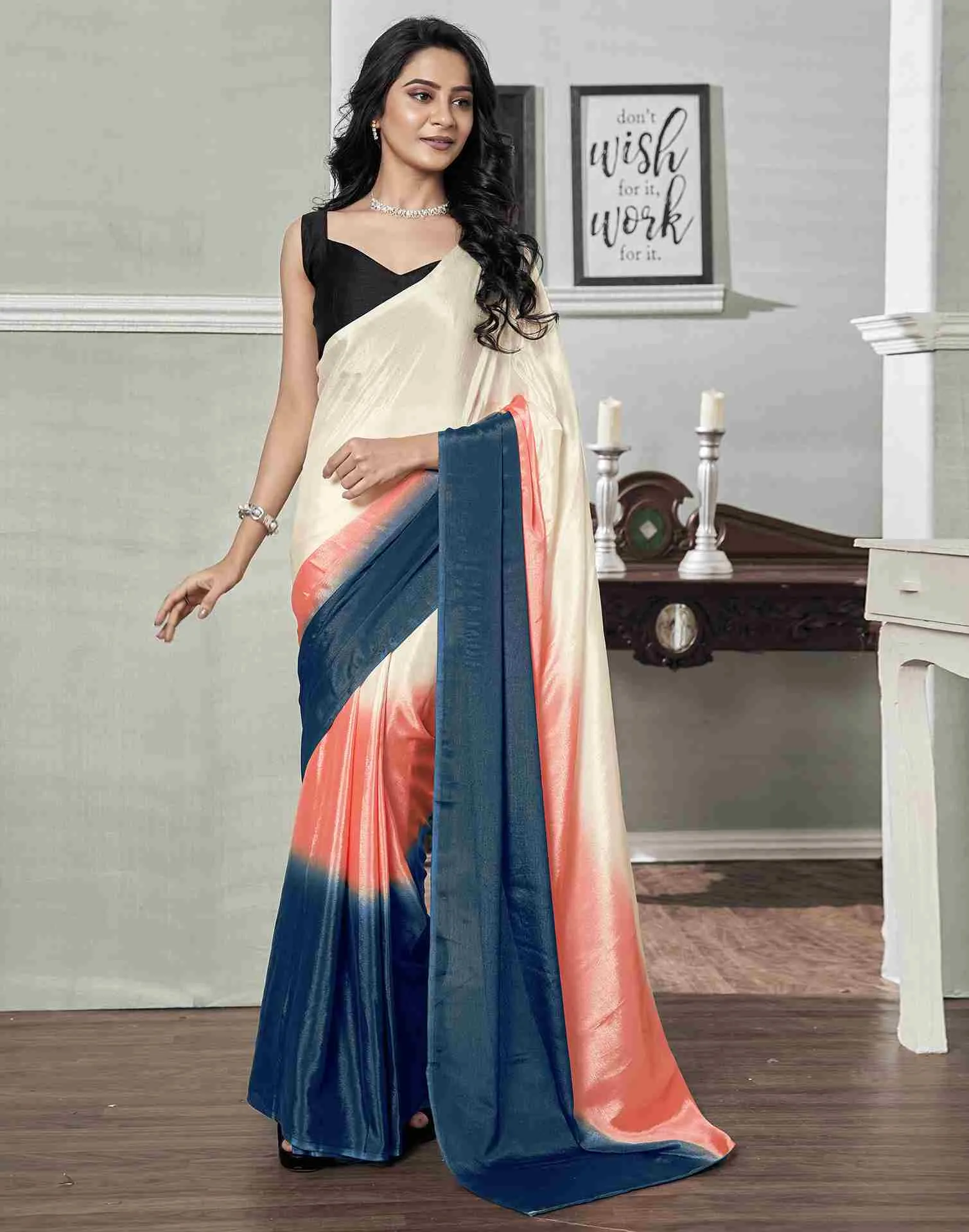 Ready To Wear Cream Chiffon Plain Saree