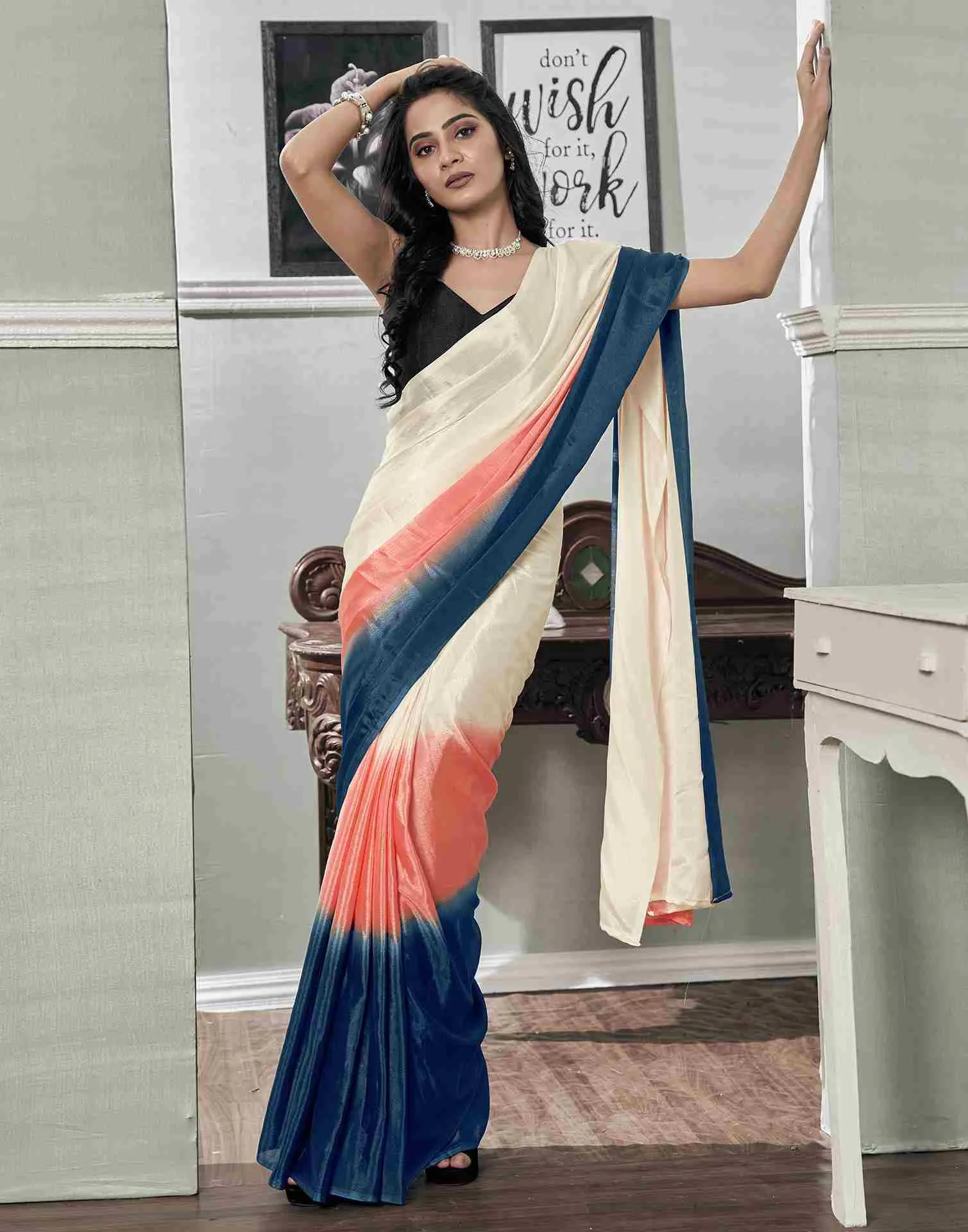 Ready To Wear Cream Chiffon Plain Saree