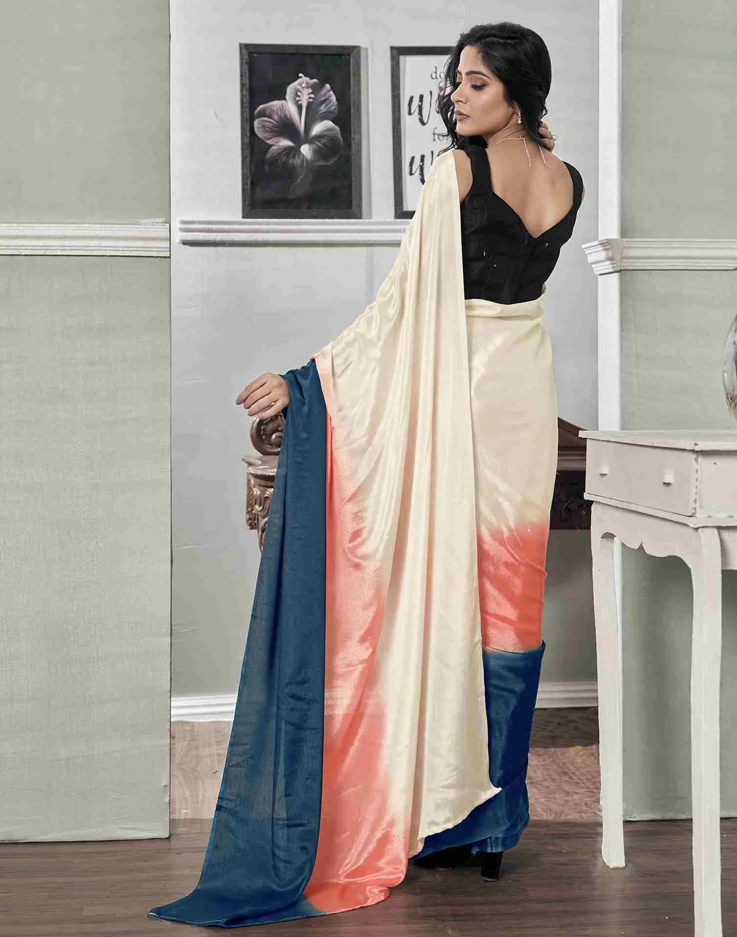 Ready To Wear Cream Chiffon Plain Saree