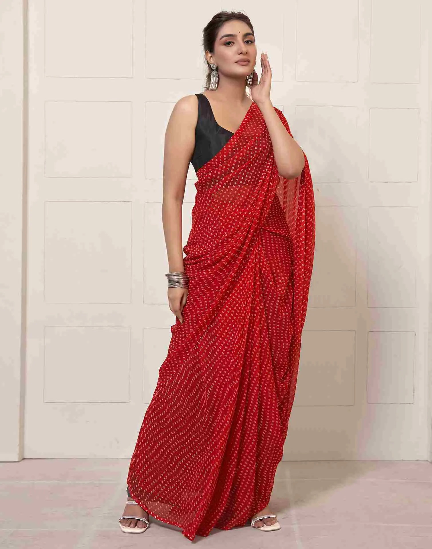 Ready To Wear Red Georgette Printed Saree