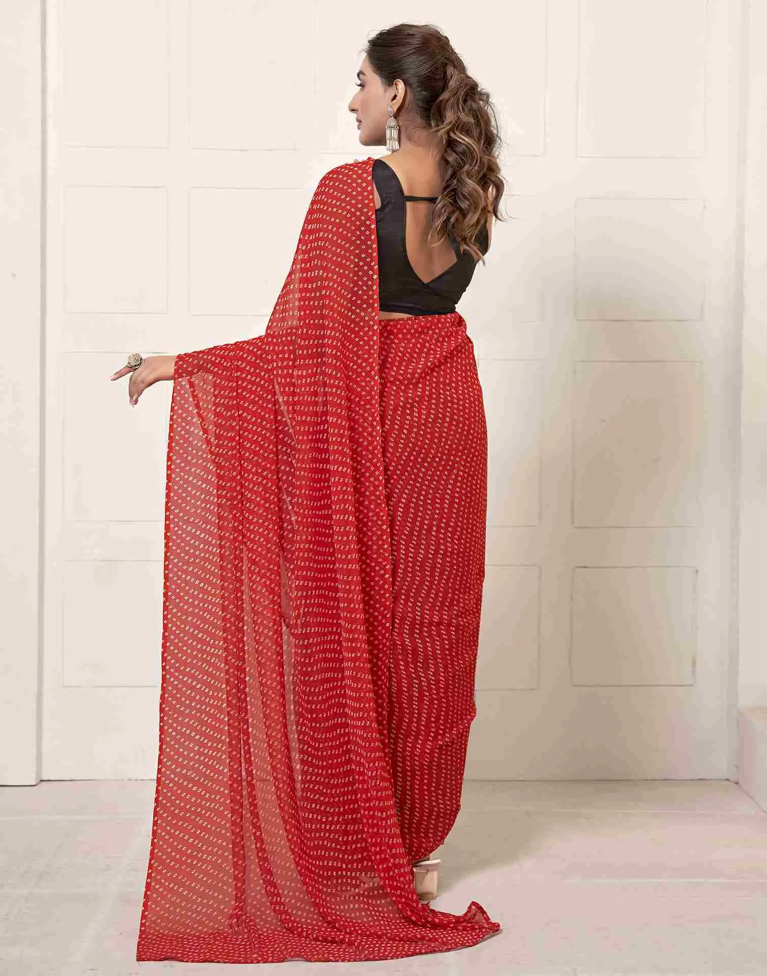 Ready To Wear Red Georgette Printed Saree