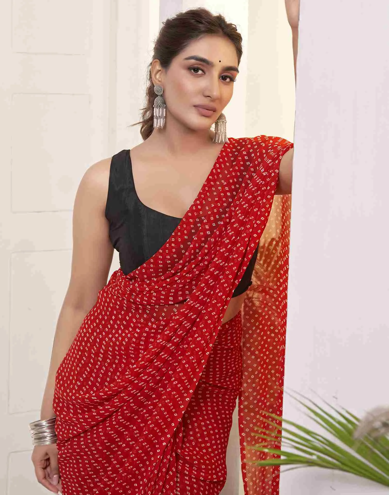 Ready To Wear Red Georgette Printed Saree