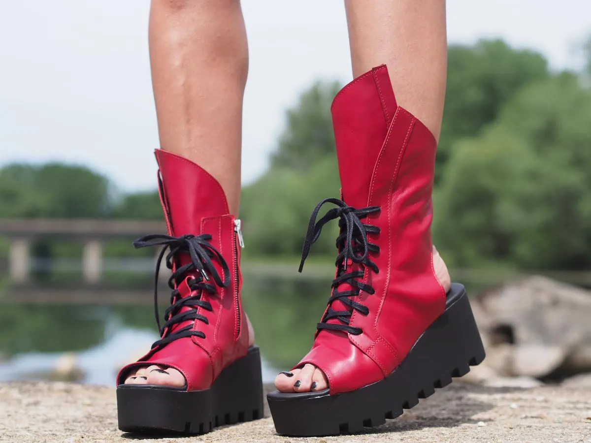 Red genuine leather summer boots/women genuine leather summer boots/summer platform boots/must have wedges