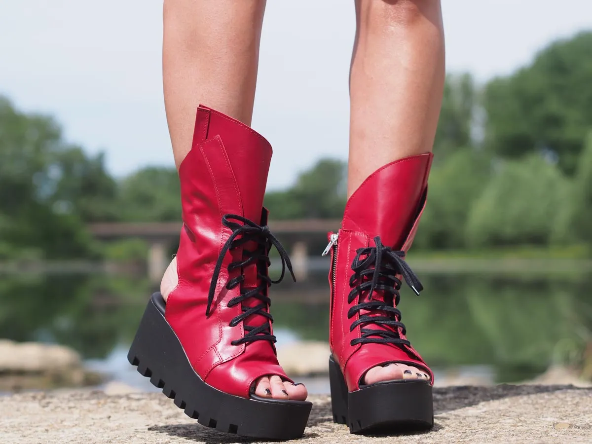 Red genuine leather summer boots/women genuine leather summer boots/summer platform boots/must have wedges