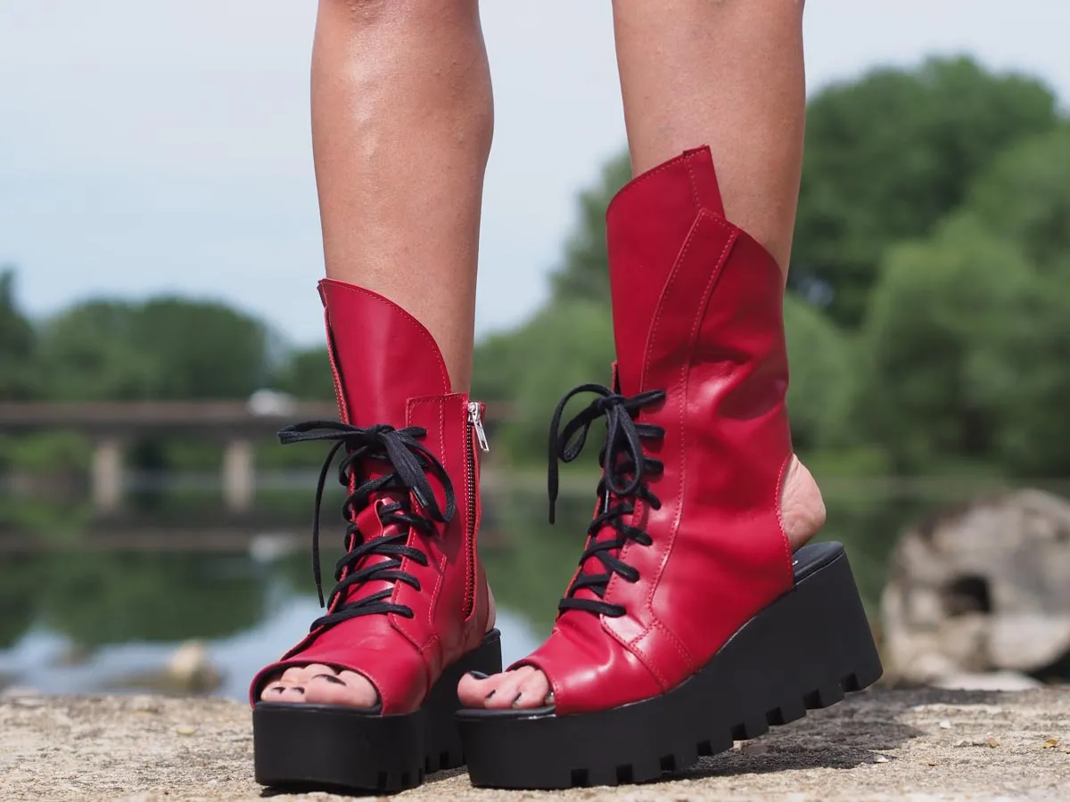 Red genuine leather summer boots/women genuine leather summer boots/summer platform boots/must have wedges