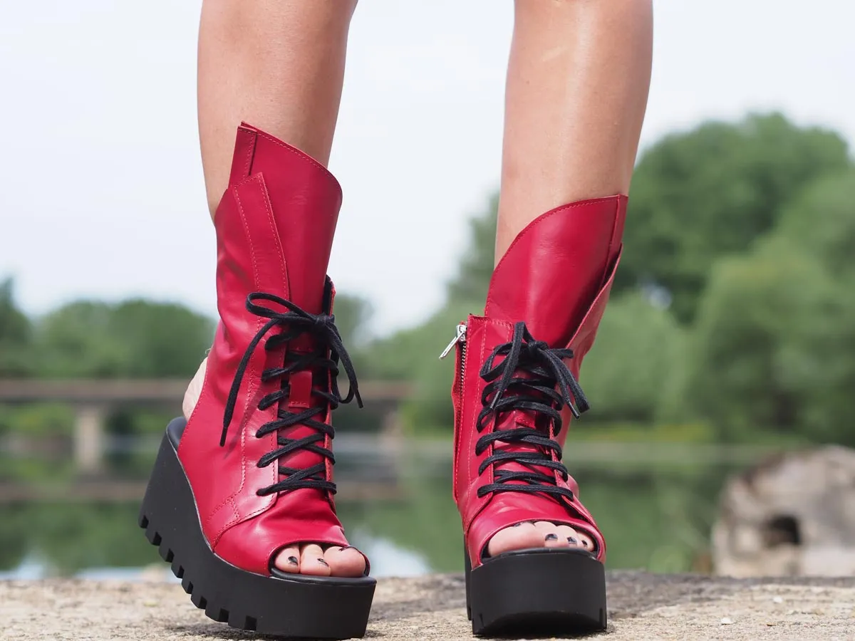 Red genuine leather summer boots/women genuine leather summer boots/summer platform boots/must have wedges