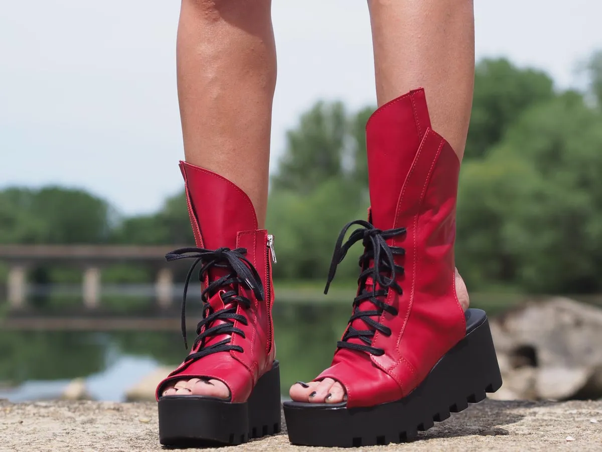 Red genuine leather summer boots/women genuine leather summer boots/summer platform boots/must have wedges