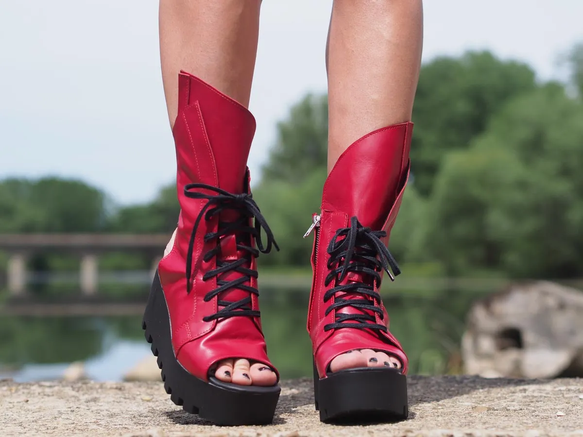 Red genuine leather summer boots/women genuine leather summer boots/summer platform boots/must have wedges