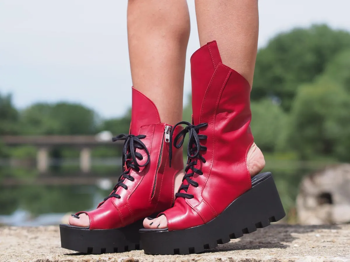 Red genuine leather summer boots/women genuine leather summer boots/summer platform boots/must have wedges