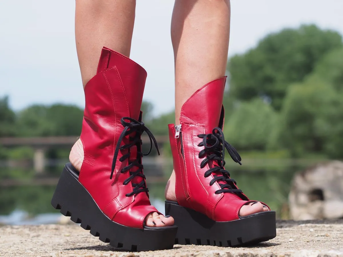 Red genuine leather summer boots/women genuine leather summer boots/summer platform boots/must have wedges