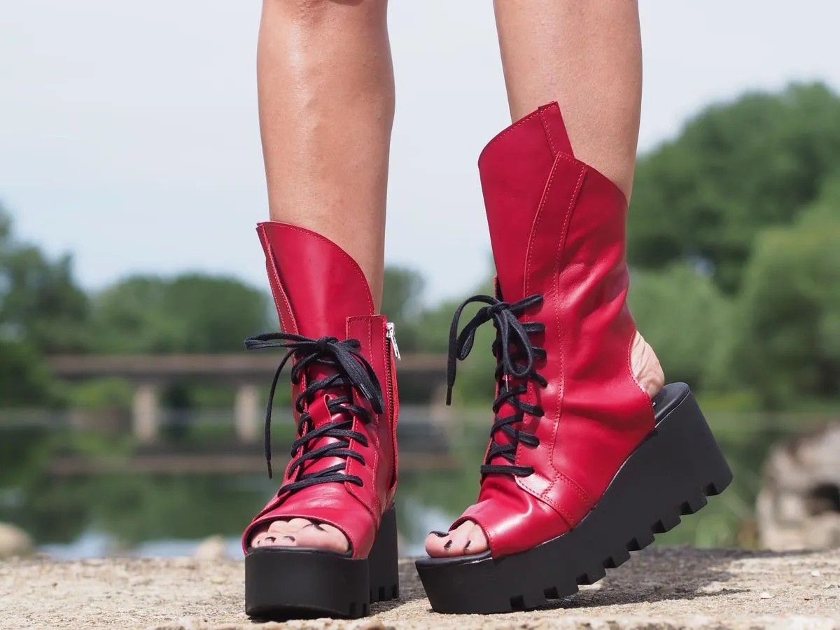 Red genuine leather summer boots/women genuine leather summer boots/summer platform boots/must have wedges