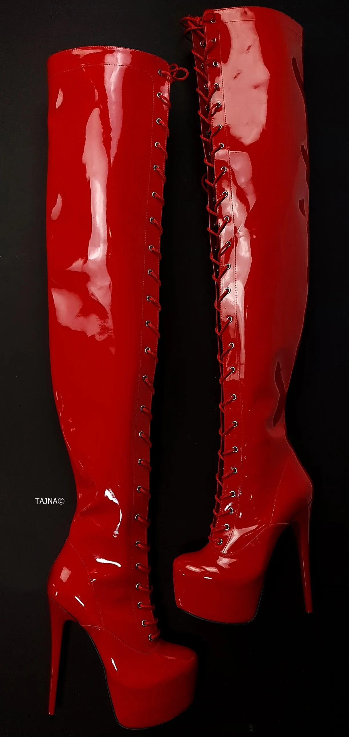 Red Gloss Thigh High Gladiator Boots