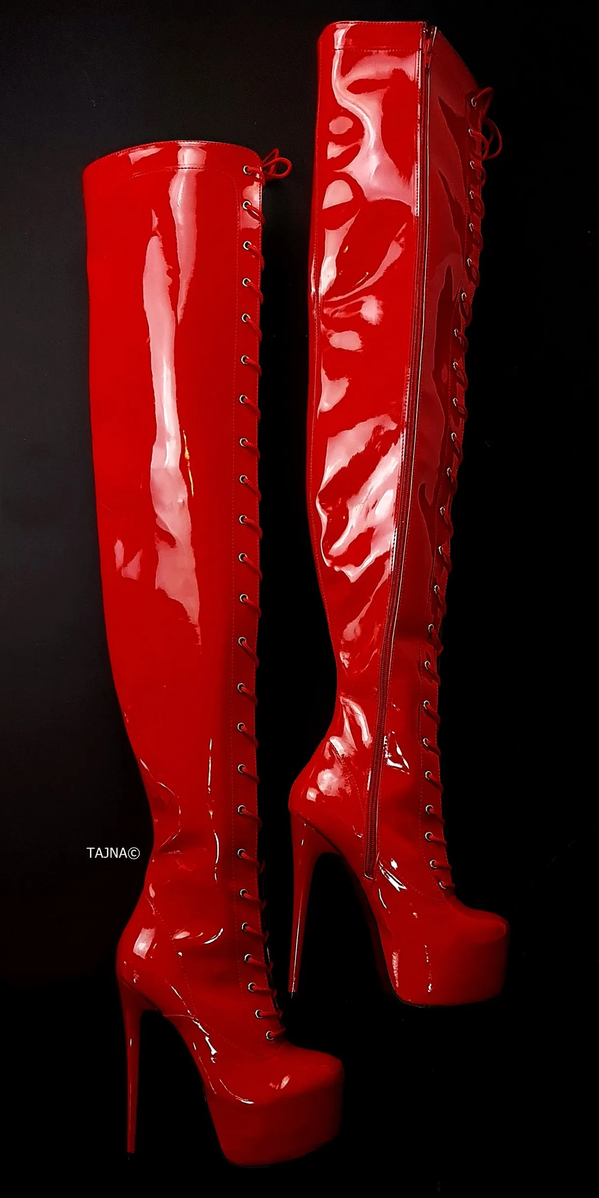 Red Gloss Thigh High Gladiator Boots