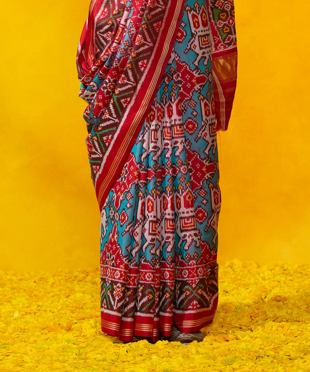 Red Handloom Mulberry Silk Patola Saree With Blue Elephant Design