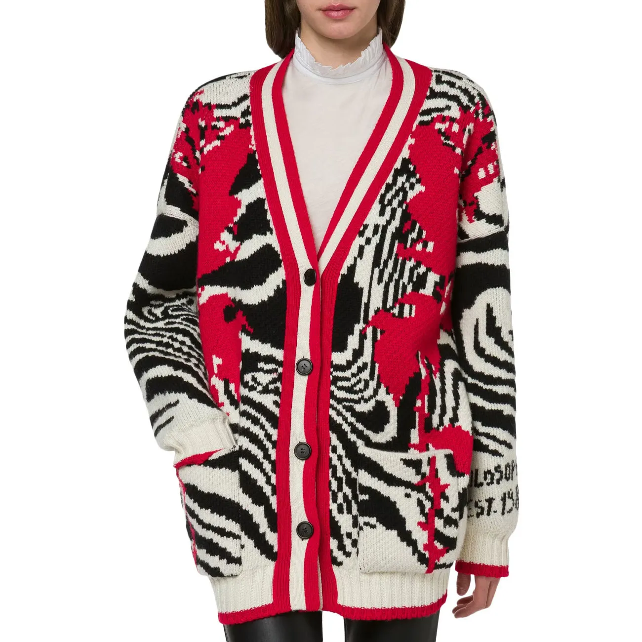 Red Long Striped Zebra Pattern Women's Cardigan