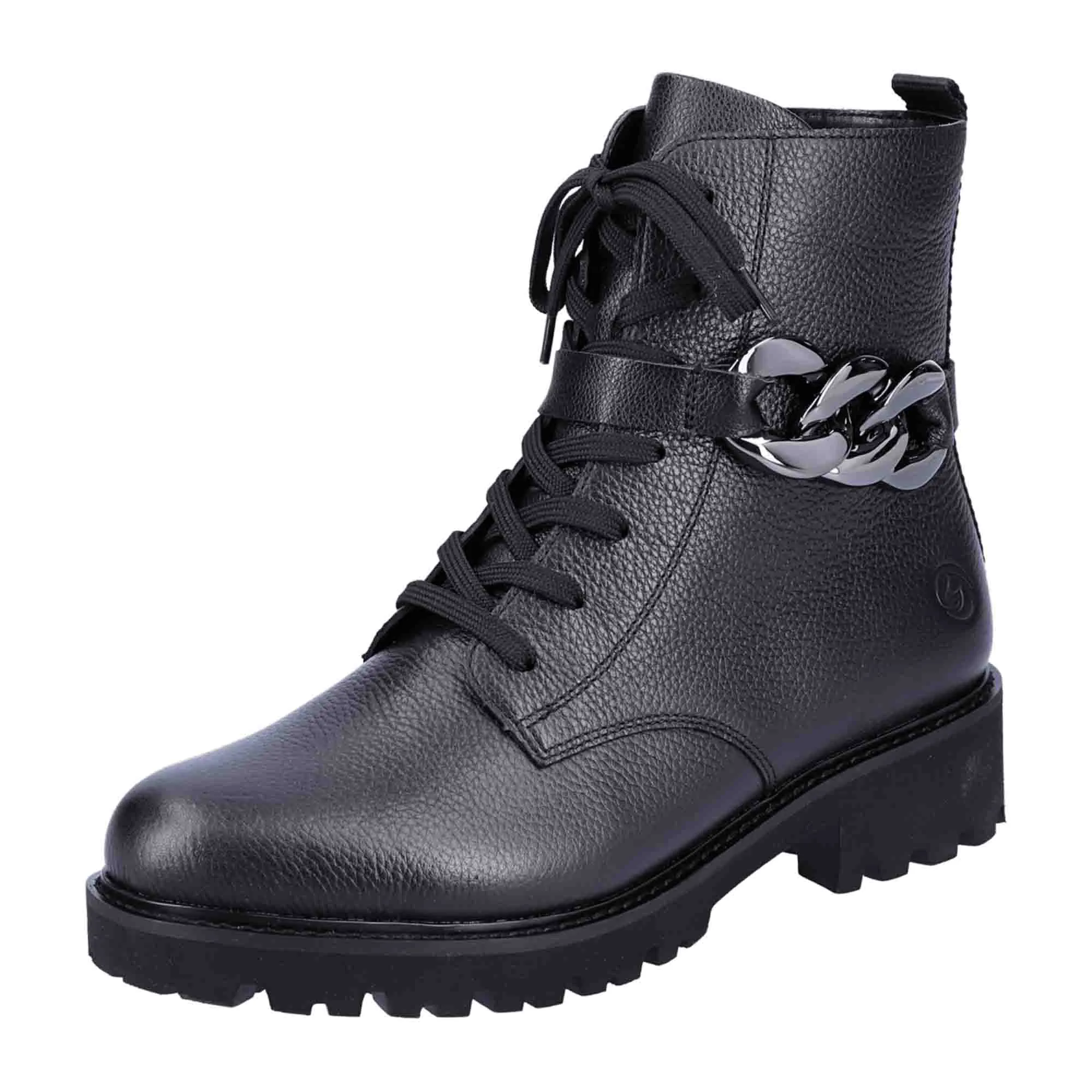 Remonte Black Leather Biker Boots for Women with Chain and Side Zipper