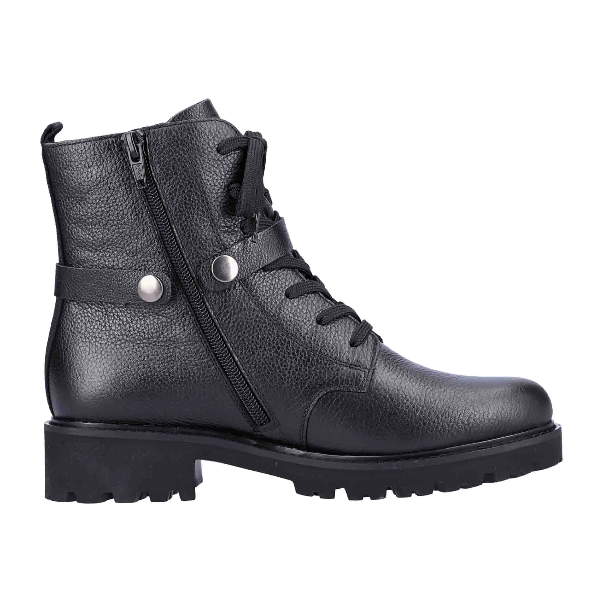 Remonte Black Leather Biker Boots for Women with Chain and Side Zipper