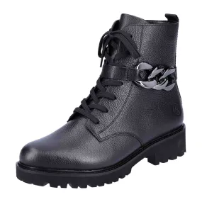 Remonte Black Leather Biker Boots for Women with Chain and Side Zipper