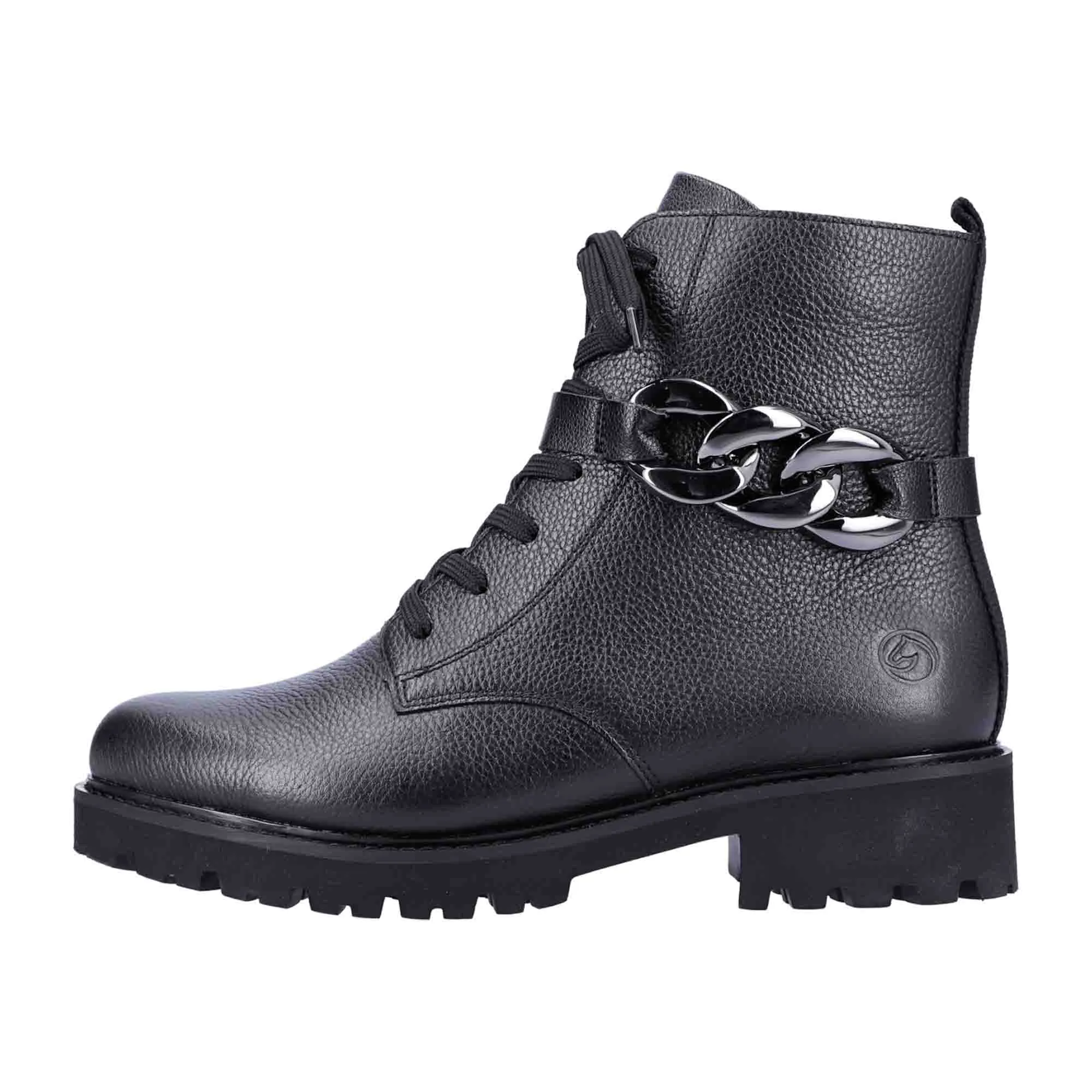 Remonte Black Leather Biker Boots for Women with Chain and Side Zipper