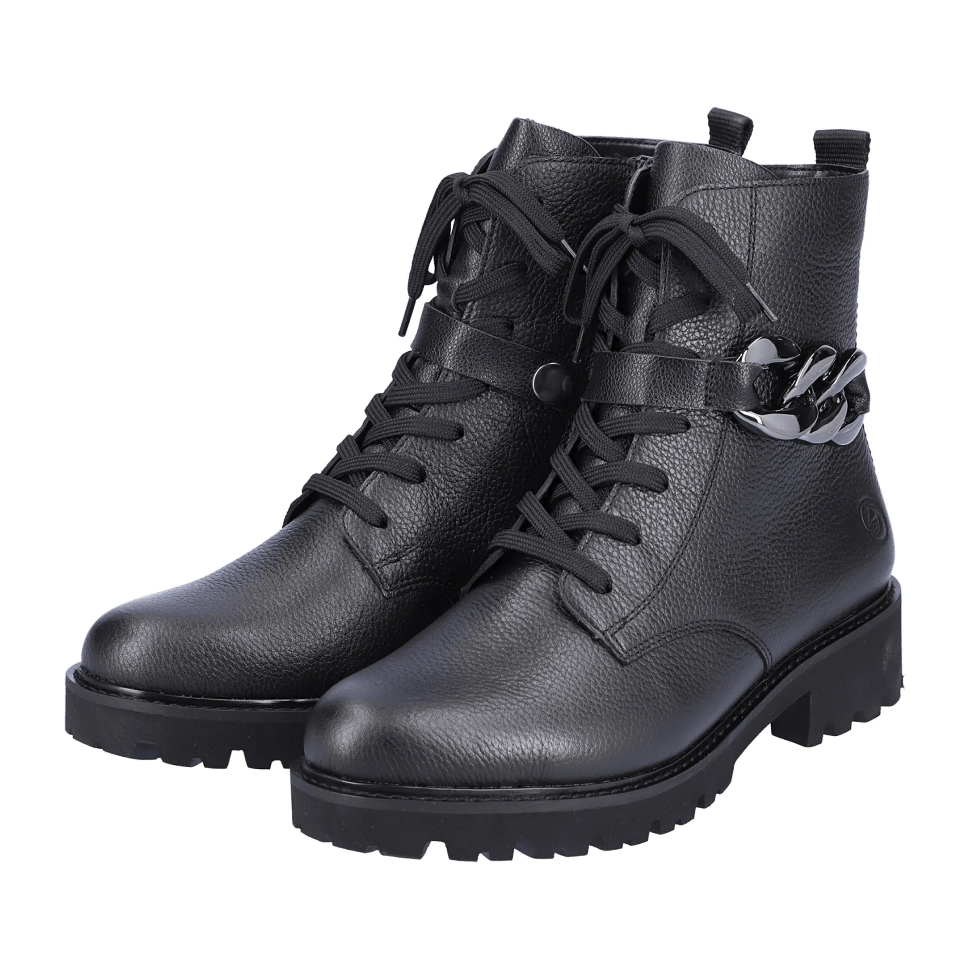 Remonte Black Leather Biker Boots for Women with Chain and Side Zipper