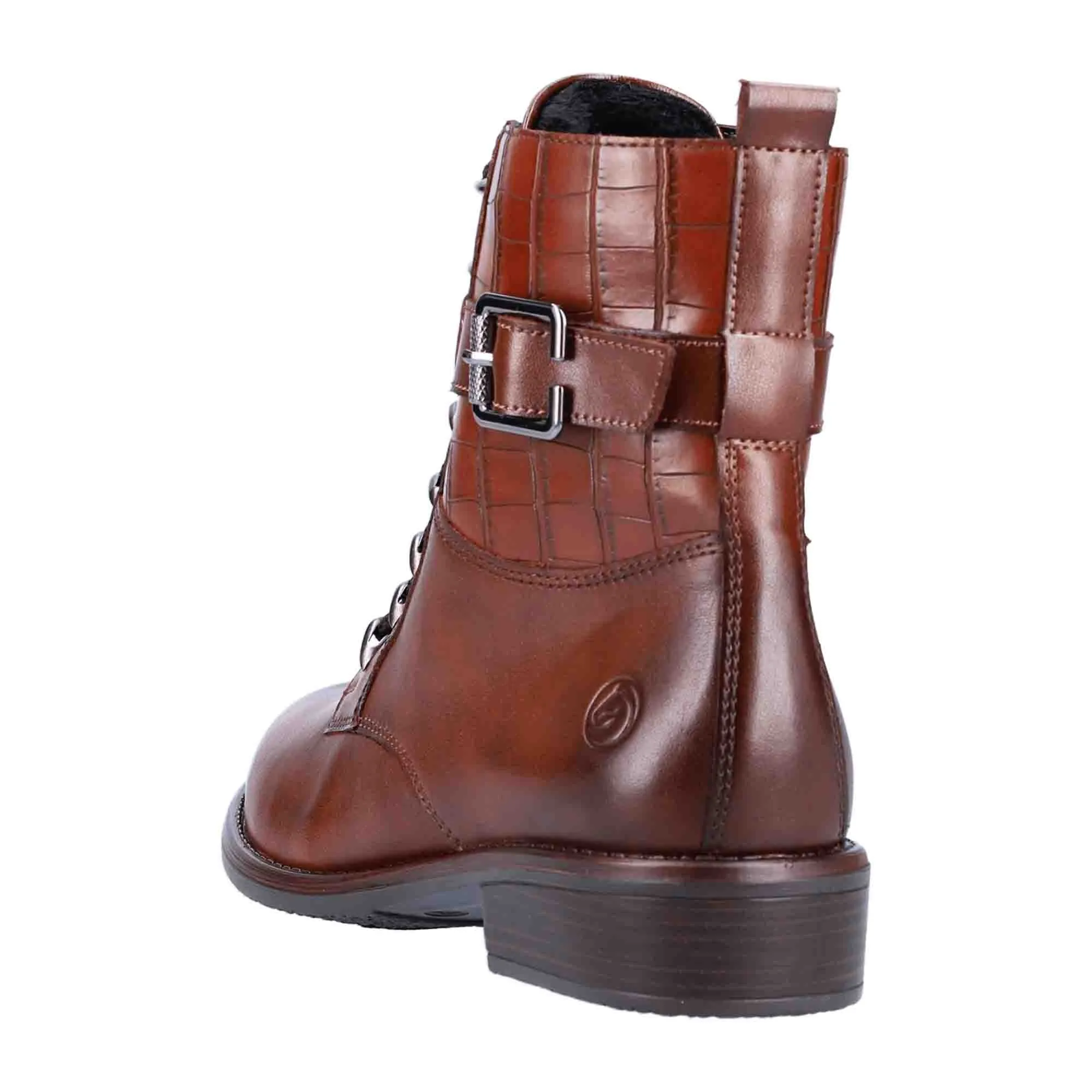 Remonte Brown Leather Biker Boots for Women with Side Zipper and Cushioned Insole