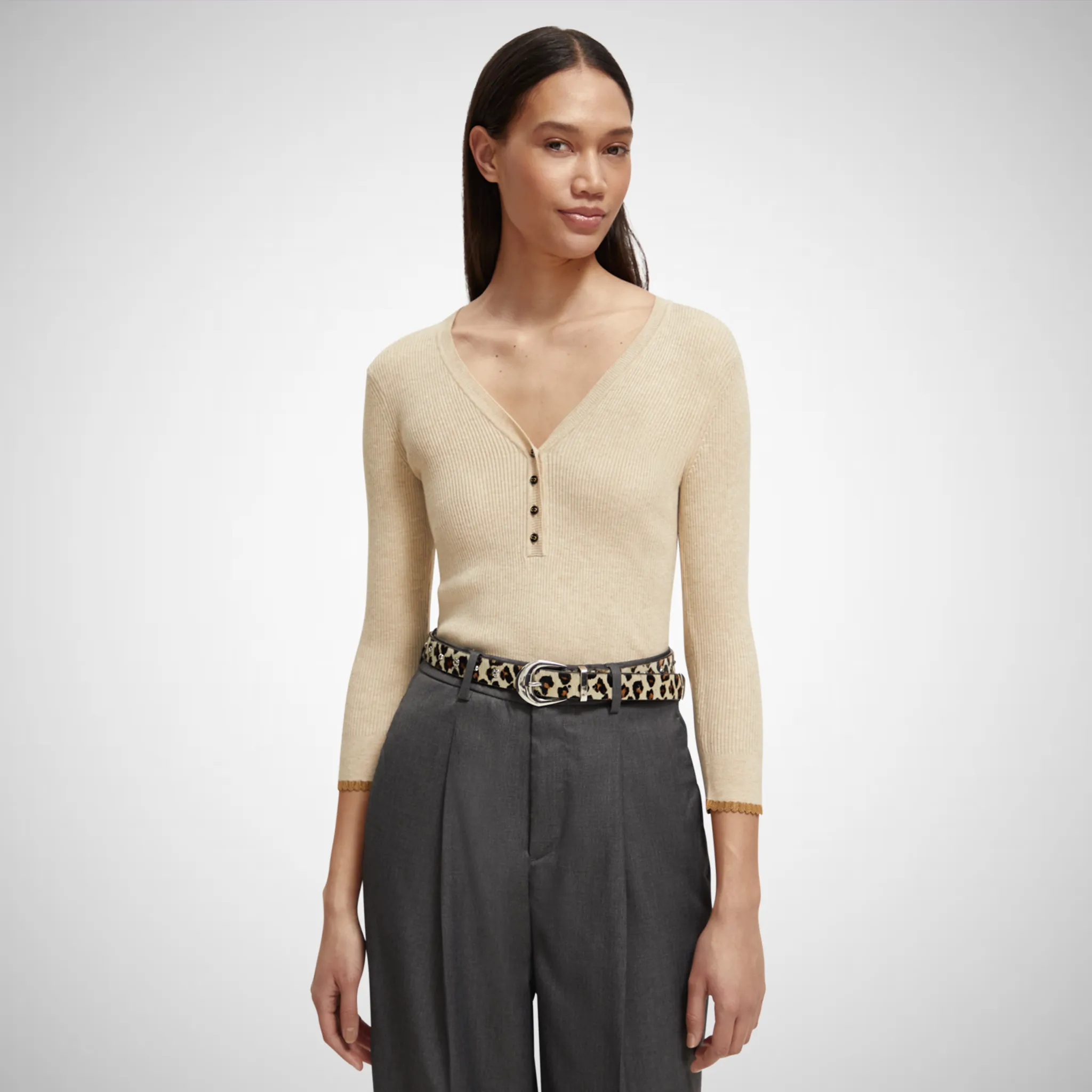 Ribbed Button Detail Skinny Pullover