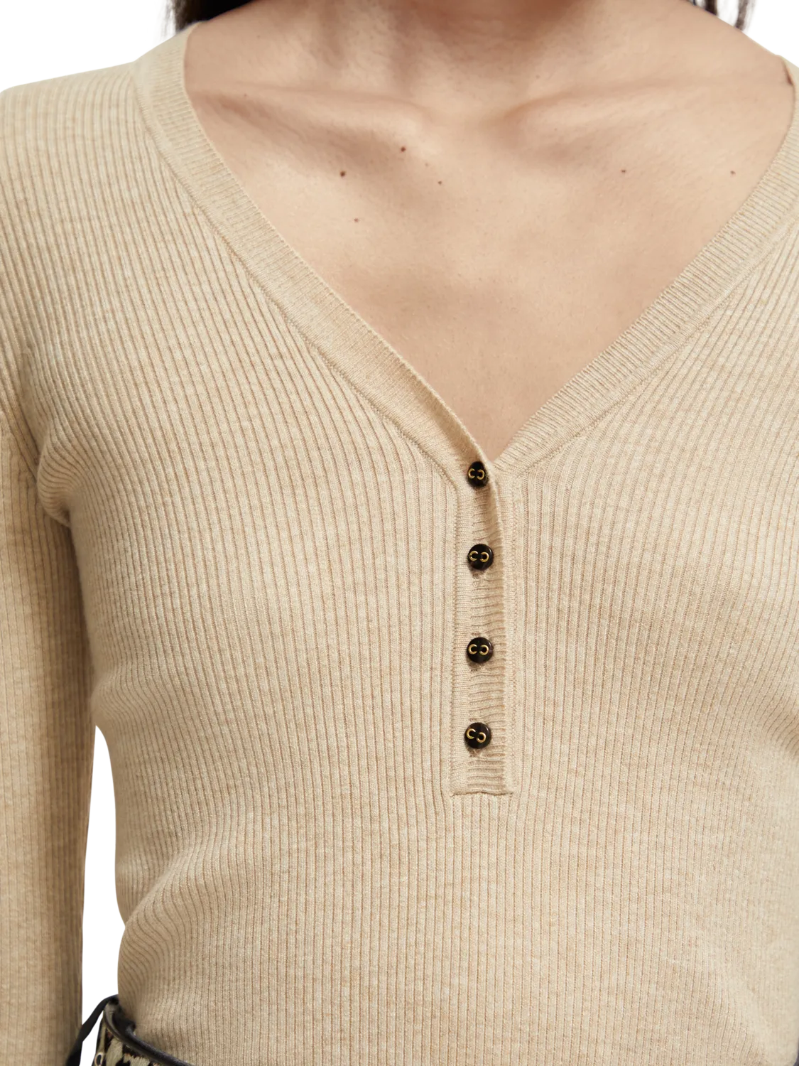 Ribbed Button Detail Skinny Pullover